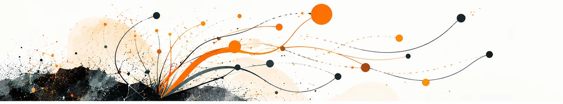 Illustration in Schwarz und Orange: Linien wachsen aus einer dunklen Grundform in viele Richtungen. KI-generiertes Bild.