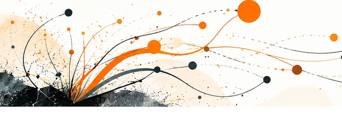 Illustration in Schwarz und Orange: Linien wachsen aus einer dunklen Grundform in viele Richtungen. KI-generiertes Bild.