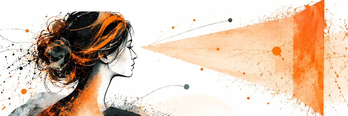 Illustration: Frau im Profil blickt in einen orangen Lichtkegel. KI-generiertes Bild.