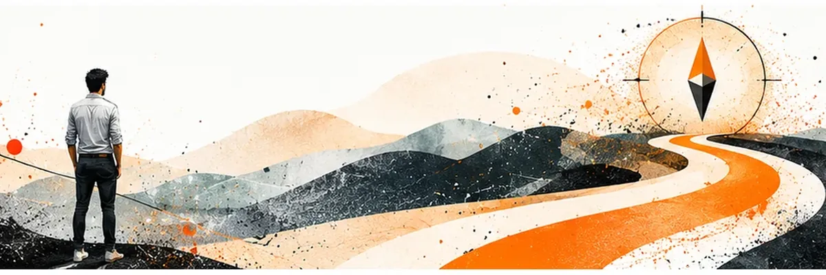 Illustration: Mann blickt über eine Hügellandschaft auf einen Weg, der zu einem Kompass führt. KI-generiertes Bild.