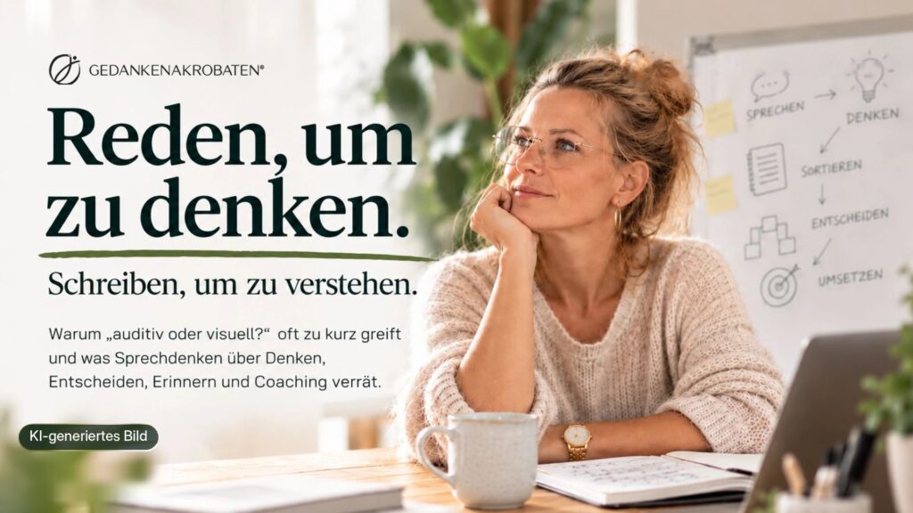KI-generiertes Bild: Frau am Schreibtisch denkt nach, im Hintergrund ein Whiteboard mit Sprechen, Denken, Sortieren, Entscheiden – Titelbild zum Blogartikel Sprechdenken