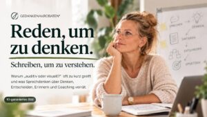 KI-generiertes Bild: Frau am Schreibtisch denkt nach, im Hintergrund ein Whiteboard mit Sprechen, Denken, Sortieren, Entscheiden – Titelbild zum Blogartikel Sprechdenken